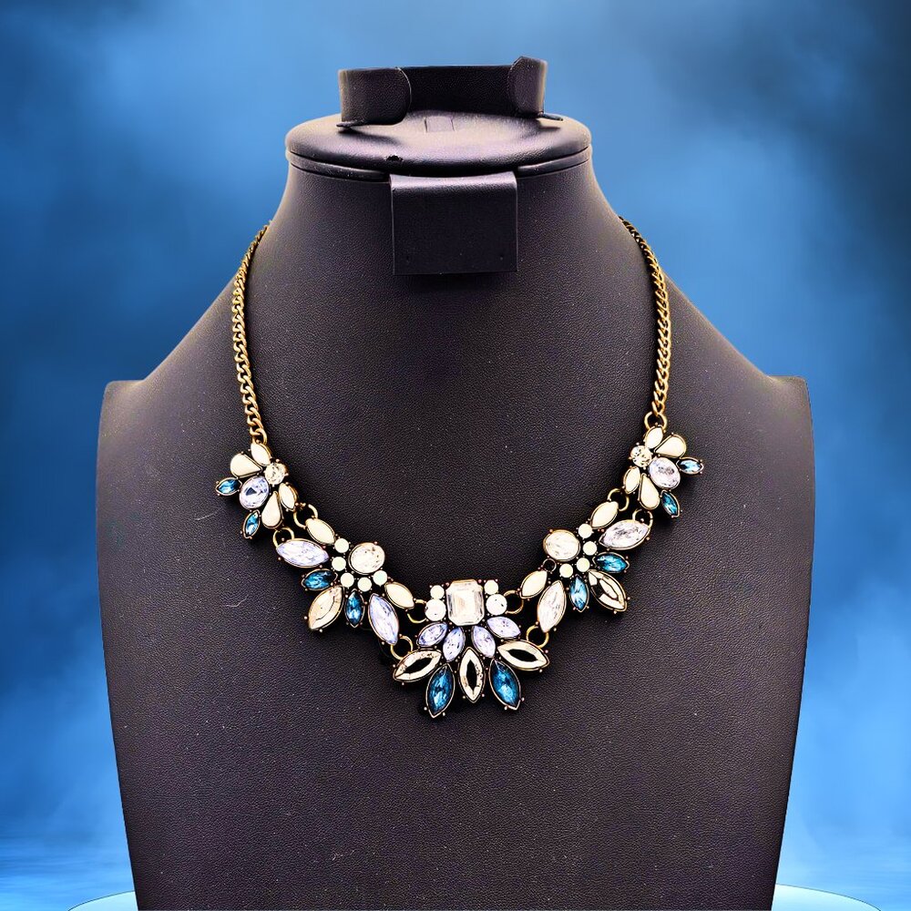 VTG-Inspired Rhinestone Statement Necklace Blue & Clear Crystal Bib Heavy Floral